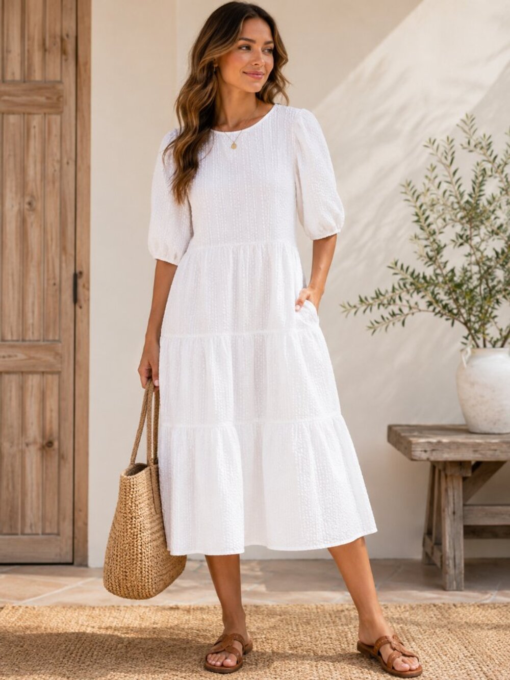 GAP White Seersucker Midi Dress Small Puff Sleeve Tiered Pockets S
